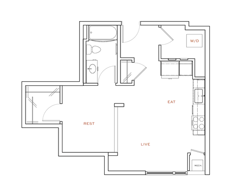 A floor plan of a house with labeled rooms such as W/D, EAT, REST, LIVE, and MECH.